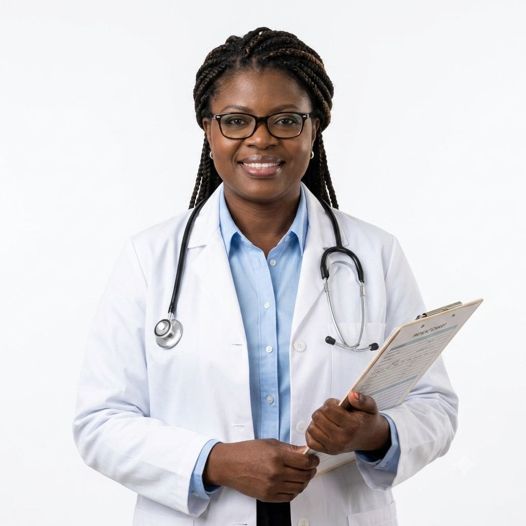 Doctor holding clipboard, wearing glasses and stethoscope.