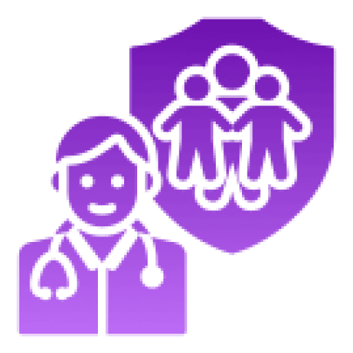 Doctor with stethoscope and family shield.